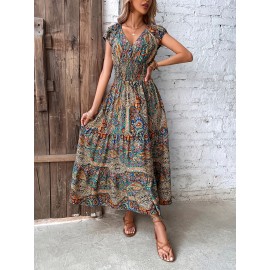 Paisley Print V Neck Dress, Elegant Short Sleeve Shirred Waist Dress For Spring & Summer, Women's Clothing