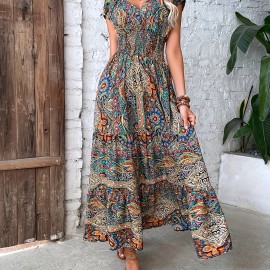 Paisley Print V Neck Dress, Elegant Short Sleeve Shirred Waist Dress For Spring & Summer, Women's Clothing