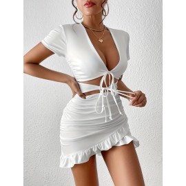 Solid Deep V Neck Tie Front Short Sleeve Dress, Sexy Bag Hip Ruffled Hem Dress, Women's Clothing