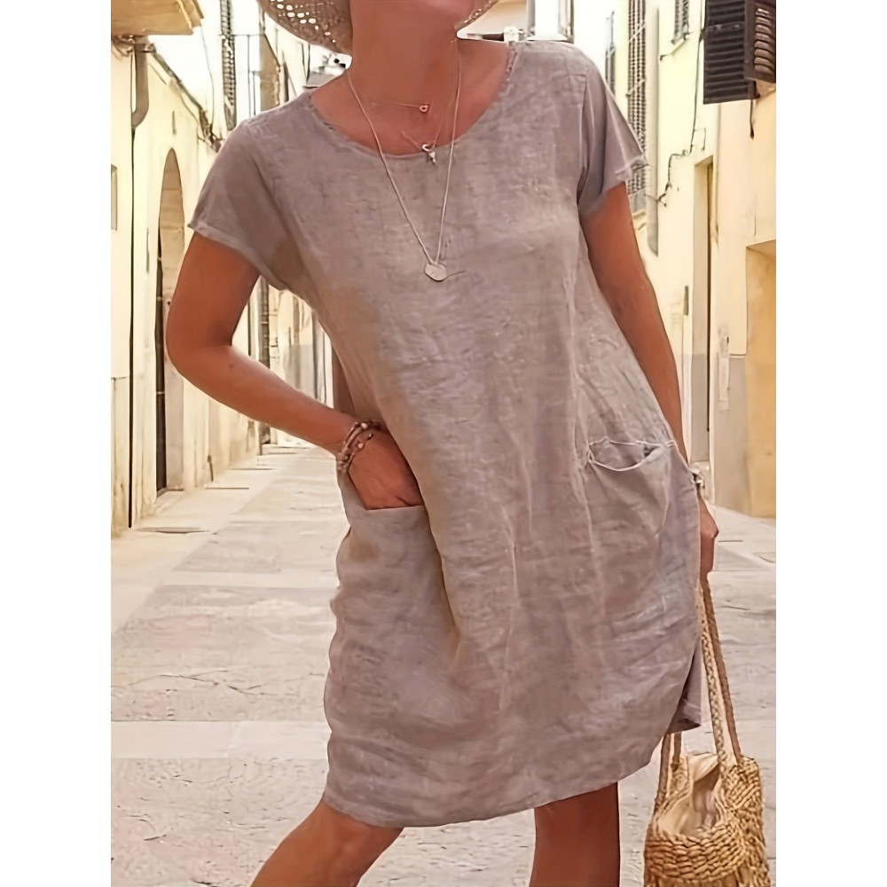 Round Neck Pocket Dress, Casual Loose Solid Short Sleeve Spring Summer Knee-Length Dresses, Women's Clothing