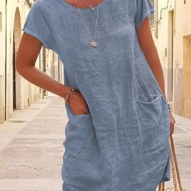 Round Neck Pocket Dress, Casual Loose Solid Short Sleeve Spring Summer Knee-Length Dresses, Women's Clothing