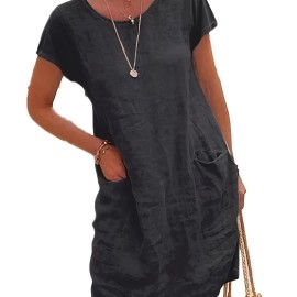 Round Neck Pocket Dress, Casual Loose Solid Short Sleeve Spring Summer Knee-Length Dresses, Women's Clothing