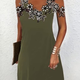 Floral Applique Dress, Casual V Neck Cold Shoulder Dress, Women's Clothing