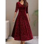 Solid Color Long Sleeve Dress, Elegant V Neck Flared Dress For Spring & Fall, Women's Clothing