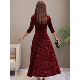 Solid Color Long Sleeve Dress, Elegant V Neck Flared Dress For Spring & Fall, Women's Clothing