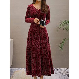 Solid Color Long Sleeve Dress, Elegant V Neck Flared Dress For Spring & Fall, Women's Clothing