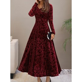 Solid Color Long Sleeve Dress, Elegant V Neck Flared Dress For Spring & Fall, Women's Clothing