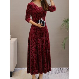 Solid Color Long Sleeve Dress, Elegant V Neck Flared Dress For Spring & Fall, Women's Clothing