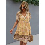 Floral Print V-neck Dress, Vintage Short Sleeve Dress For Spring & Summer, Women's Clothing