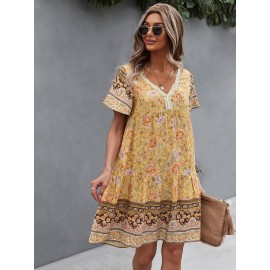 Floral Print V-neck Dress, Vintage Short Sleeve Dress For Spring & Summer, Women's Clothing