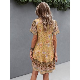 Floral Print V-neck Dress, Vintage Short Sleeve Dress For Spring & Summer, Women's Clothing