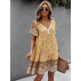 Floral Print V-neck Dress, Vintage Short Sleeve Dress For Spring & Summer, Women's Clothing