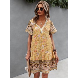 Floral Print V-neck Dress, Vintage Short Sleeve Dress For Spring & Summer, Women's Clothing