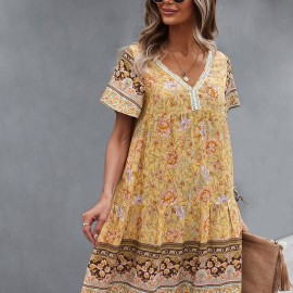 Floral Print V-neck Dress, Vintage Short Sleeve Dress For Spring & Summer, Women's Clothing