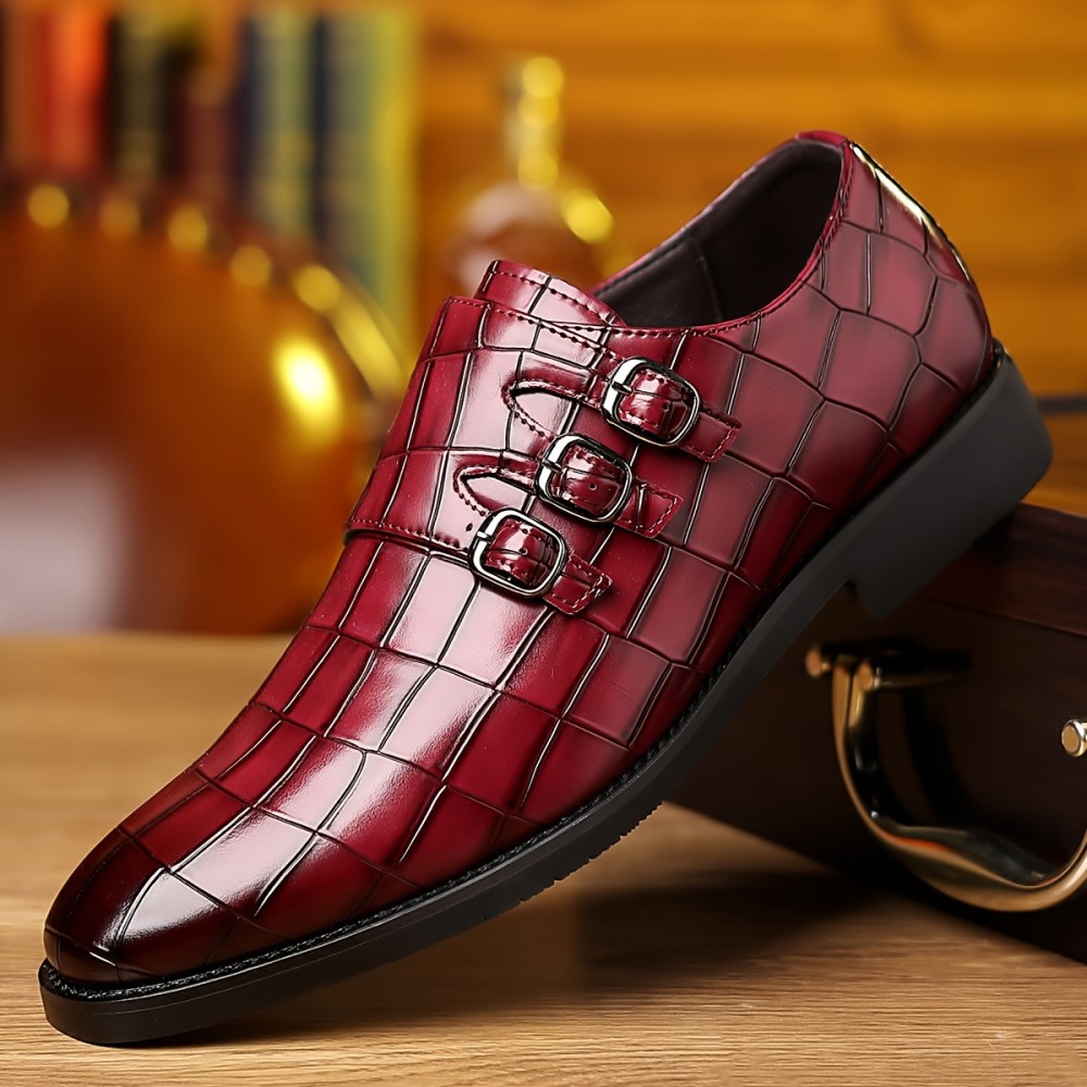 PLUS SIZE Men's Burnished Toe Triple Monk Straps Loafers With PU Leather Uppers, Wear-resistant Slip On Dress Shoes For Business Office Wedding Party