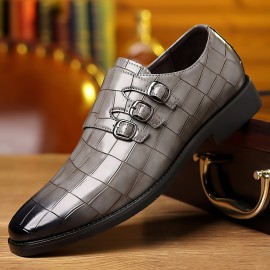 PLUS SIZE Men's Burnished Toe Triple Monk Straps Loafers With PU Leather Uppers, Wear-resistant Slip On Dress Shoes For Business Office Wedding Party