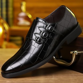 PLUS SIZE Men's Burnished Toe Triple Monk Straps Loafers With PU Leather Uppers, Wear-resistant Slip On Dress Shoes For Business Office Wedding Party