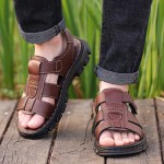 Men's Fashion Solid Open Toe Sandals With Top Leather Uppers, Non Slip Comfy Summer Sandals With Hook & Loop Fastener For Outdoor Casual Walking