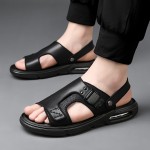 Men's Fashion Solid Open Toe Slip On Sandals With Split cow Leather Uppers, Non Slip Comfy Summer Sandals With Buckle Decor For Outdoor Casual Walking