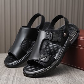 Men's Fashion Solid Open Toe Slip On Sandals With Split cow Leather Uppers, Non Slip Comfy Summer Sandals With Buckle Decor For Outdoor Casual Walking