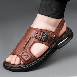 Men's Fashion Solid Open Toe Slip On Sandals With Split cow Leather Uppers, Non Slip Comfy Summer Sandals With Buckle Decor For Outdoor Casual Walking