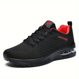 Men's Solid Woven Knit Breathable Sneakers With Air Cushion, Comfy Non Slip Lace Up Durable Shoes For Men's Outdoor Activities