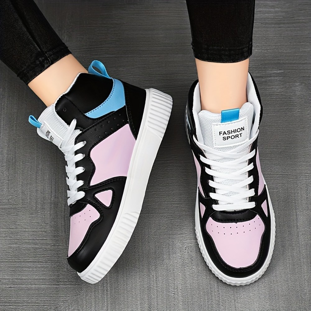 Women's Contrast Color Casual Sneakers, Lace Up Platform Soft Sole Walking Skate Shoes, High-top Versatile Trainers