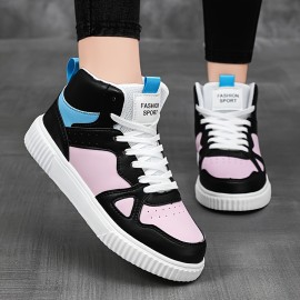 Women's Contrast Color Casual Sneakers, Lace Up Platform Soft Sole Walking Skate Shoes, High-top Versatile Trainers