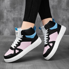 Women's Contrast Color Casual Sneakers, Lace Up Platform Soft Sole Walking Skate Shoes, High-top Versatile Trainers