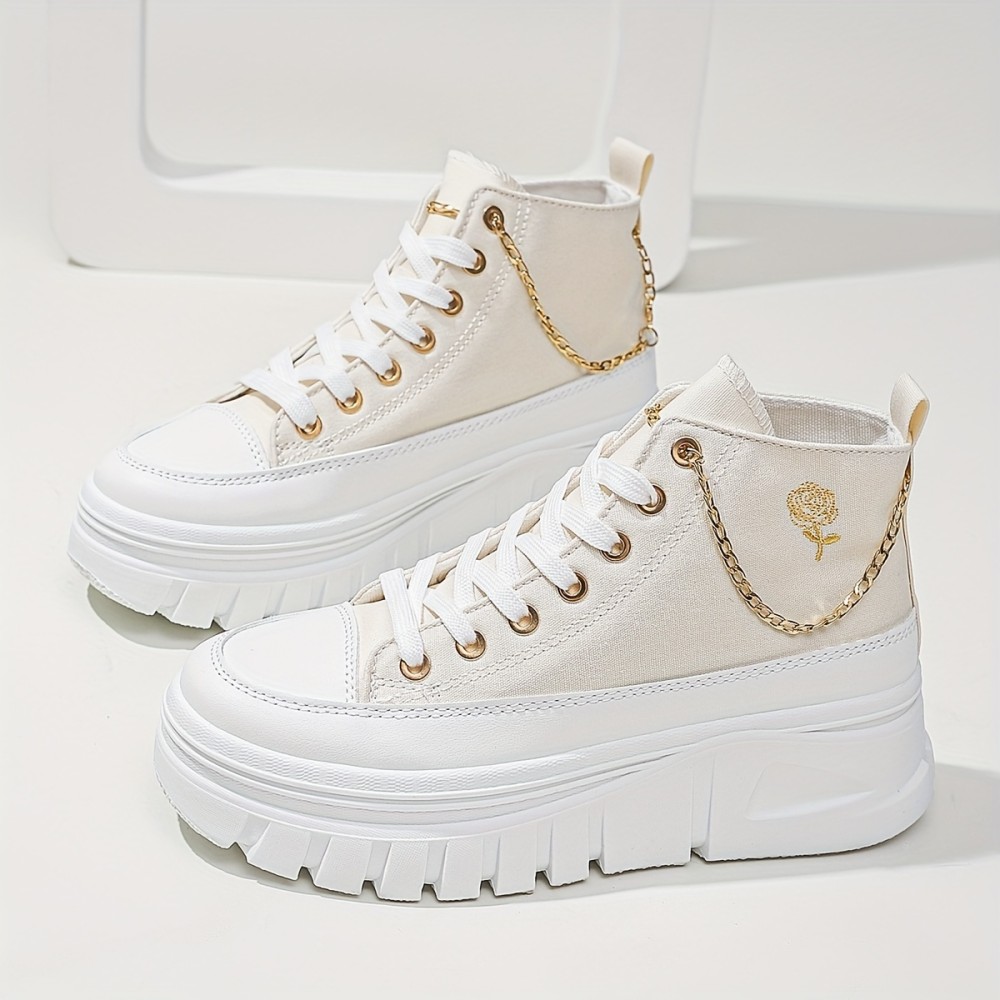 Women's High-Top Canvas Sneakers, Metallic Chain Platform Casual Sport Shoes, Increased Height Fashion Sneakers For Walking