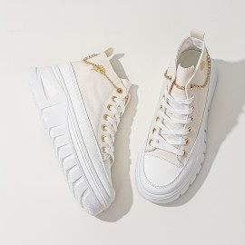 Women's High-Top Canvas Sneakers, Metallic Chain Platform Casual Sport Shoes, Increased Height Fashion Sneakers For Walking