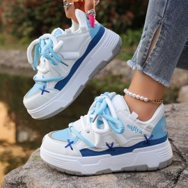 Women's Stylish Platform Skate Shoes, Niche Design Colorblock Heightening Sneakers, Personality Preppy Student Shoes