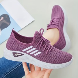 Women's Striped Pattern Sneakers, Casual Lace Up Outdoor Shoes, Lightweight Low Top Shoes