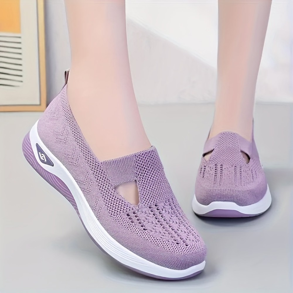 Women's Solid Color Breathable Sneakers, Soft Sole Lightweight Slip On Walking Shoes, Low-top Knitted Casual Shoes