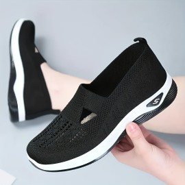 Women's Solid Color Breathable Sneakers, Soft Sole Lightweight Slip On Walking Shoes, Low-top Knitted Casual Shoes