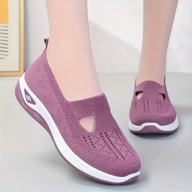 Women's Solid Color Breathable Sneakers, Soft Sole Lightweight Slip On Walking Shoes, Low-top Knitted Casual Shoes