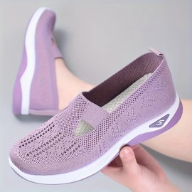 Women's Solid Color Breathable Sneakers, Soft Sole Lightweight Slip On Walking Shoes, Low-top Knitted Casual Shoes