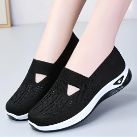 Women's Solid Color Breathable Sneakers, Soft Sole Lightweight Slip On Walking Shoes, Low-top Knitted Casual Shoes