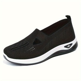 Women's Solid Color Breathable Sneakers, Soft Sole Lightweight Slip On Walking Shoes, Low-top Knitted Casual Shoes