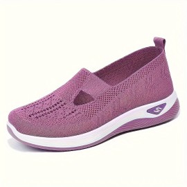 Women's Solid Color Breathable Sneakers, Soft Sole Lightweight Slip On Walking Shoes, Low-top Knitted Casual Shoes