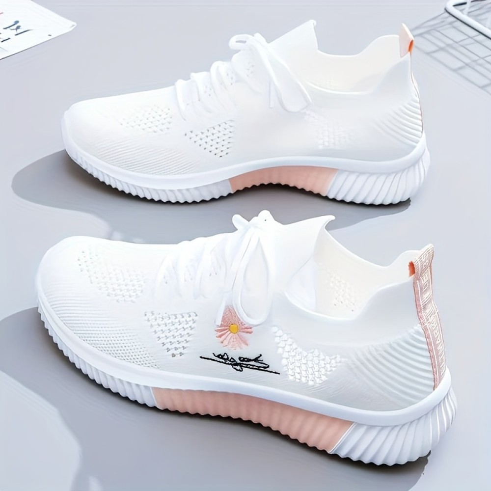 Women's Daisy Knit Sneakers - Breathable Lace-Up, Comfort Round Toe, Stylish All-Season Sports Shoes