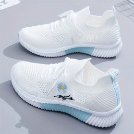 Women's Daisy Knit Sneakers - Breathable Lace-Up, Comfort Round Toe, Stylish All-Season Sports Shoes