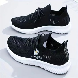 Women's Daisy Knit Sneakers - Breathable Lace-Up, Comfort Round Toe, Stylish All-Season Sports Shoes