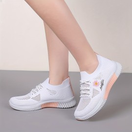 Women's Daisy Knit Sneakers - Breathable Lace-Up, Comfort Round Toe, Stylish All-Season Sports Shoes