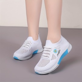 Women's Daisy Knit Sneakers - Breathable Lace-Up, Comfort Round Toe, Stylish All-Season Sports Shoes