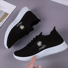 Women's Daisy Knit Sneakers - Breathable Lace-Up, Comfort Round Toe, Stylish All-Season Sports Shoes