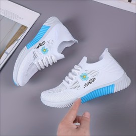 Women's Daisy Knit Sneakers - Breathable Lace-Up, Comfort Round Toe, Stylish All-Season Sports Shoes