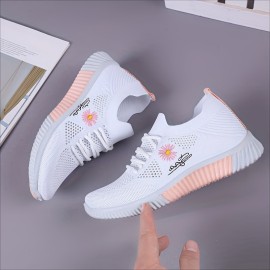 Women's Daisy Knit Sneakers - Breathable Lace-Up, Comfort Round Toe, Stylish All-Season Sports Shoes