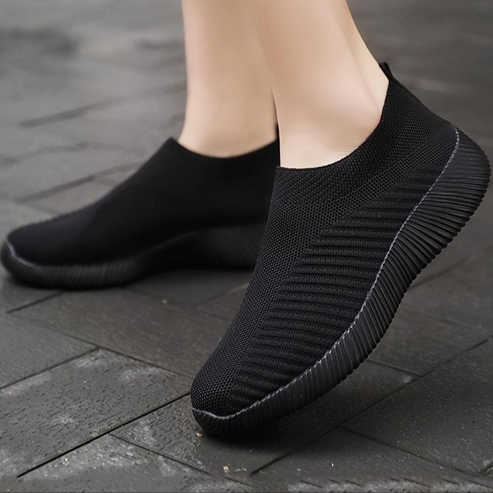 Women's Solid Color Sneakers, Breathable Knit Slip On Outdoor Shoes, Lightweight Low Top Sport Shoes