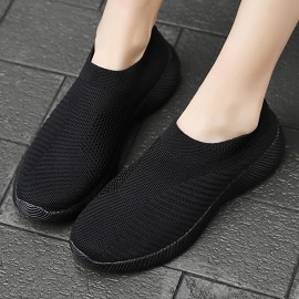 Women's Solid Color Sneakers, Breathable Knit Slip On Outdoor Shoes, Lightweight Low Top Sport Shoes